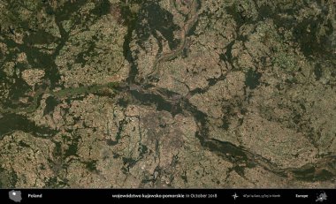 wojewodzz iki kujawsko-pomorskie. Polonya 'nın idari bölgesi, Ekim 2018' de çekilen Kopernik Sentinel karolarından oluşan bir uydu görüntüsü üzerine kurulmuştur.