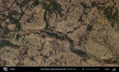 wojewodzz iki kujawsko-pomorskie. Copernicus Sentinel 'in Mart 2022' de çekilmiş uydu görüntüsü üzerine Polonya 'nın idari bölgesi.