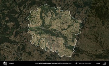 wojewodzz iki kujawsko-pomorskie. Polonya 'nın idari alanı, Eylül 2024' te çekilen Kopernik Nöbetçi karolarından oluşan koyu renkli bir uydu görüntüsü üzerine vurgulandı ve özetlendi