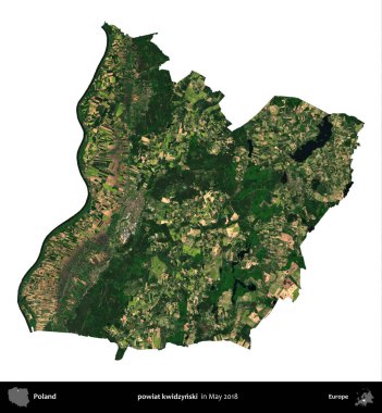 powiat kwidzynski. Polonya 'nın idari bölgesi, Mayıs 2018' de çekilen Kopernik Nöbetçi Fayanslarından oluşan bir uydu görüntüsü üzerinde beyaza izole edildi.