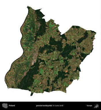 powiat kwidzynski. Polonya idari bölgesi, Haziran 2018 'de çekilen Kopernik Nöbetçi karolarından oluşan bir uydu görüntüsü üzerinde beyaza izole edildi.