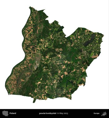 powiat kwidzynski. Polonya 'nın idari bölgesi, Mayıs 2023' te çekilen Kopernik Nöbetçi Fayanslarından oluşan bir uydu görüntüsüyle beyaza izole edildi.