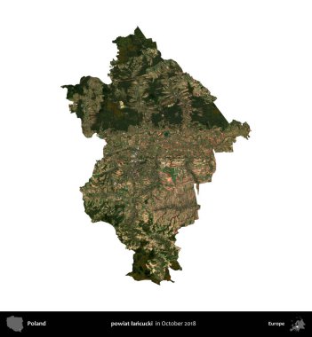 powiat lancucki. Polonya idari bölgesi, Ekim 2018 'de çekilen Kopernik Nöbetçi karolarından oluşan bir uydu görüntüsü üzerinde beyaza izole edildi.