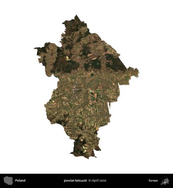 powiat lancucki. Polonya idari bölgesi, Nisan 2020 'de çekilen Kopernik Nöbetçi karolarından oluşan bir uydu görüntüsü üzerinde beyaza izole edildi.