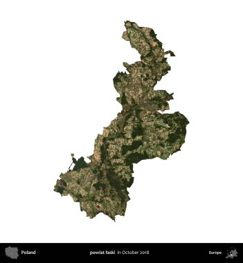 powiat laski. Polonya idari bölgesi, Ekim 2018 'de çekilen Kopernik Nöbetçi karolarından oluşan bir uydu görüntüsü üzerinde beyaza izole edildi.