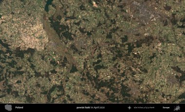 powiat laski. Nisan 2020 'de Copernicus Sentinel karolarından oluşan bir uydu görüntüsü üzerine Polonya' nın idari bölgesi
