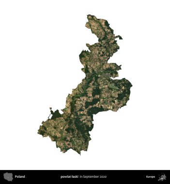 powiat laski. Polonya idari bölgesi, Eylül 2020 'de çekilen Kopernik Nöbetçi karolarından oluşan bir uydu görüntüsü üzerinde beyaza izole edildi.