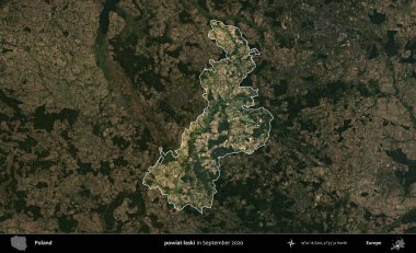 powiat laski. Polonya 'nın idari alanı, Eylül 2020' de çekilen Kopernik Nöbetçi karolarından oluşan koyu renkli bir uydu görüntüsü üzerine vurgulandı ve özetlendi