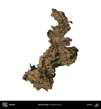 powiat laski. Polonya 'nın idari bölgesi, Mart 2023' te çekilen Kopernik Nöbetçi Fayanslarından oluşan bir uydu görüntüsüyle beyaza izole edildi.