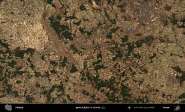 powiat laski. Copernicus Sentinel 'in Mart 2023' te çekilmiş uydu görüntüsü üzerine Polonya 'nın idari bölgesi.