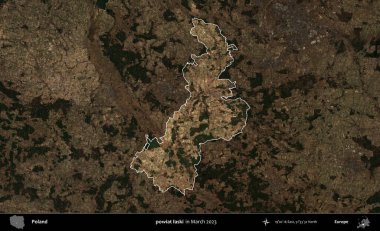 powiat laski. Polonya 'nın idari alanı, Mart 2023' te çekilen Kopernik Nöbetçi karolarından oluşan koyu renkli bir uydu görüntüsü üzerine vurgulandı ve özetlendi.