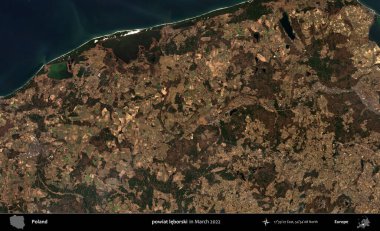 powiat leborski. Copernicus Sentinel 'in Mart 2022' de çekilmiş uydu görüntüsü üzerine Polonya 'nın idari bölgesi.