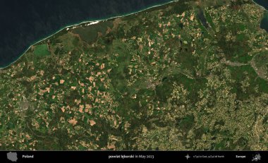 powiat leborski. Copernicus Sentinel 'in Mayıs 2023' te çekilmiş uydu görüntüsü üzerine Polonya 'nın idari bölgesi.