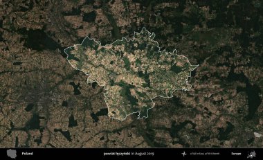 powiat leczynski. Polonya 'nın idari alanı, Ağustos 2019' da çekilen Kopernik Nöbetçi karolarından oluşan koyu renkli bir uydu görüntüsü üzerine vurgulandı ve özetlendi.