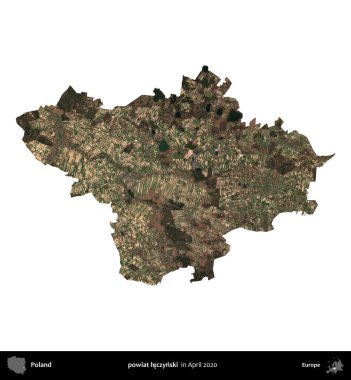 powiat leczynski. Polonya idari bölgesi, Nisan 2020 'de çekilen Kopernik Nöbetçi karolarından oluşan bir uydu görüntüsü üzerinde beyaza izole edildi.