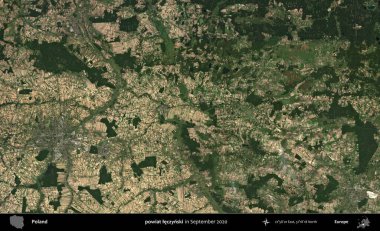 powiat leczynski. Eylül 2020 'de Copernicus Sentinel karolarından oluşan bir uydu görüntüsü üzerine Polonya' nın idari bölgesi