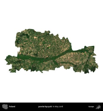 powiat leczycki. Polonya 'nın idari bölgesi, Mayıs 2018' de çekilen Kopernik Nöbetçi Fayanslarından oluşan bir uydu görüntüsü üzerinde beyaza izole edildi.