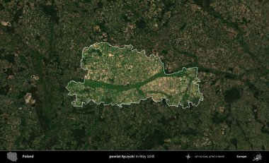 powiat leczycki. Polonya 'nın idari alanı, Mayıs 2018' de çekilen Kopernik Nöbetçi karolarından oluşan koyu renkli bir uydu görüntüsüyle vurgulandı ve özetlendi