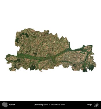 powiat leczycki. Polonya idari bölgesi, Eylül 2020 'de çekilen Kopernik Nöbetçi karolarından oluşan bir uydu görüntüsü üzerinde beyaza izole edildi.