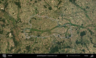 powiat leczycki. Eylül 2020 'de çekilen Kopernik Nöbetçi karolarından oluşan bir uydu görüntüsü üzerine Polonya' nın idari bölgesinin ana hatlarını çizdim.