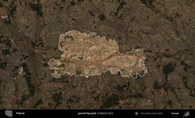 powiat leczycki. Polonya 'nın idari alanı, Mart 2023' te çekilen Kopernik Nöbetçi karolarından oluşan koyu renkli bir uydu görüntüsü üzerine vurgulandı ve özetlendi.