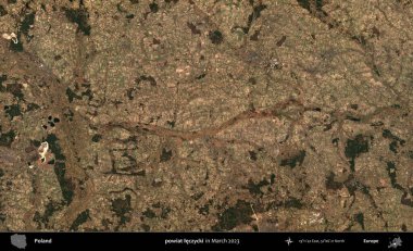 powiat leczycki. Copernicus Sentinel 'in Mart 2023' te çekilmiş uydu görüntüsü üzerine Polonya 'nın idari bölgesi.