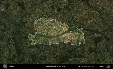 powiat leczycki. Polonya 'nın idari alanı, Mayıs 2024' te çekilen Kopernik Nöbetçi karolarından oluşan koyu renkli bir uydu görüntüsü üzerinde vurgulandı ve özetlendi.