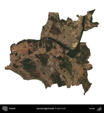 Powiat Lejyononowski. Polonya idari bölgesi, Nisan 2018 'de çekilen Kopernik Nöbetçi karolarından oluşan bir uydu görüntüsü üzerinde beyaza izole edildi.