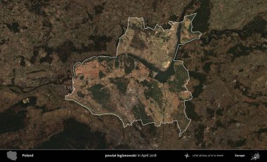Powiat Lejyononowski. Polonya 'nın idari alanı, Nisan 2018' de çekilen Kopernik Nöbetçi karolarından oluşan koyu renkli bir uydu görüntüsü üzerine vurgulandı ve özetlendi