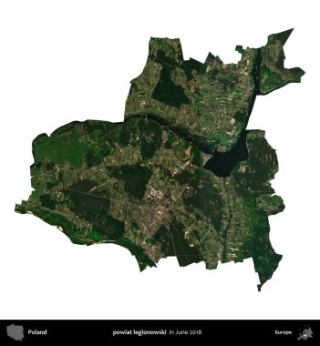 Powiat Lejyononowski. Polonya idari bölgesi, Haziran 2018 'de çekilen Kopernik Nöbetçi karolarından oluşan bir uydu görüntüsü üzerinde beyaza izole edildi.