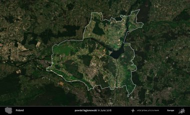 Powiat Lejyononowski. Polonya 'nın idari alanı, Haziran 2018' de çekilen Kopernik Nöbetçi karolarından oluşan koyu renkli bir uydu görüntüsüyle vurgulandı ve özetlendi