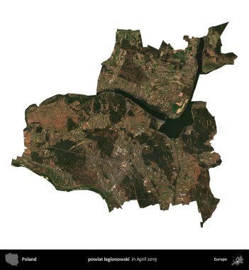 Powiat Lejyononowski. Polonya idari bölgesi, Nisan 2019 'da çekilen Kopernik Nöbetçi karolarından oluşan bir uydu görüntüsü üzerinde beyaza izole edildi.