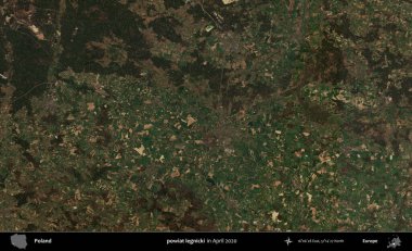 powiat legnicki. Nisan 2020 'de Copernicus Sentinel karolarından oluşan bir uydu görüntüsü üzerine Polonya' nın idari bölgesi