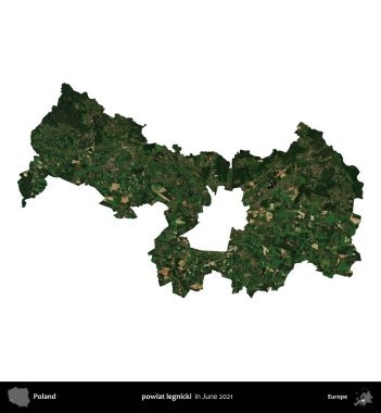 powiat legnicki. Polonya idari bölgesi, Haziran 2021 'de çekilen Kopernik Nöbetçi karolarından oluşan bir uydu görüntüsü üzerinde beyaza izole edildi.