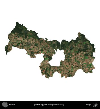 powiat legnicki. Polonya idari bölgesi, Eylül 2023 'te çekilen Kopernik Nöbetçi karolarından oluşan bir uydu görüntüsü üzerinde beyaza izole edildi.
