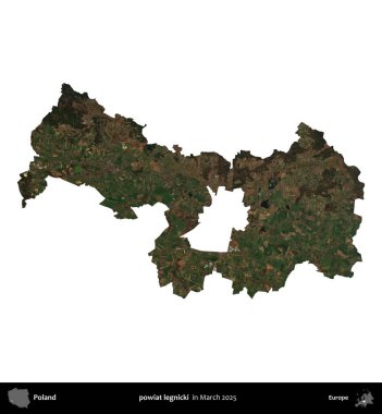 powiat legnicki. Polonya idari bölgesi, Mart 2025 'te çekilen Kopernik Nöbetçi karolarından oluşan bir uydu görüntüsü üzerinde beyaza izole edildi.