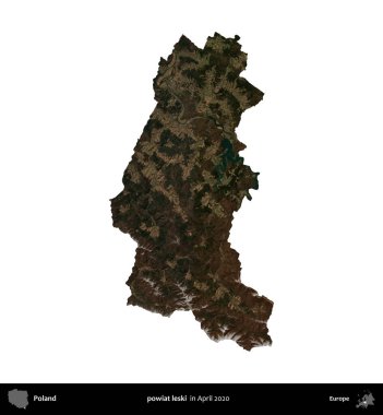 powiat leski. Polonya idari bölgesi, Nisan 2020 'de çekilen Kopernik Nöbetçi karolarından oluşan bir uydu görüntüsü üzerinde beyaza izole edildi.