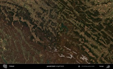 powiat leski. Nisan 2020 'de Copernicus Sentinel karolarından oluşan bir uydu görüntüsü üzerine Polonya' nın idari bölgesi