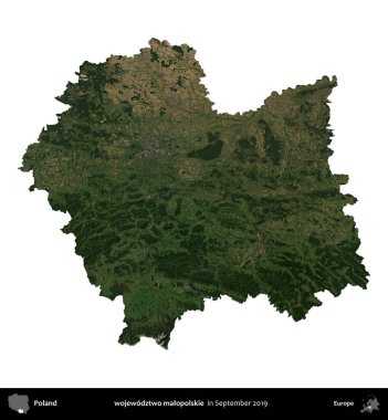 wojewodz2 malopolskie. Polonya idari bölgesi, Eylül 2019 'da çekilen Kopernik Nöbetçi karolarından oluşan bir uydu görüntüsü üzerinde beyaza izole edildi.