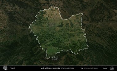 wojewodz2 malopolskie. Polonya 'nın idari alanı, Eylül 2019' da çekilen Kopernik Nöbetçi karolarından oluşan koyu renkli bir uydu görüntüsü üzerinde vurgulandı ve özetlendi.