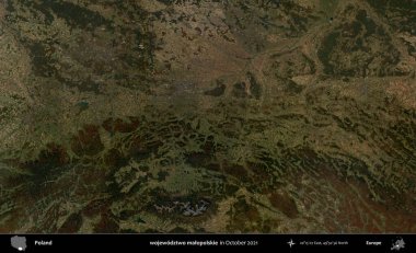 wojewodz2 malopolskie. Polonya 'nın idari bölgesi, Ekim 2021' de çekilen Kopernik Sentinel karolarından oluşan bir uydu görüntüsü üzerine kurulmuştur.