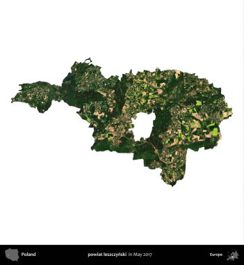 powiat leszczynski. Polonya idari bölgesi, Mayıs 2017 'de çekilen Kopernik Nöbetçi karolarından oluşan bir uydu görüntüsü üzerinde beyaza izole edildi.