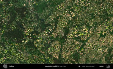 powiat leszczynski. Copernicus Sentinel 'in Mayıs 2017' de çekilmiş uydu görüntüsü üzerine Polonya 'nın idari bölgesi.
