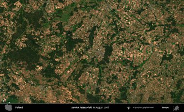 powiat leszczynski. Copernicus Sentinel 'in Ağustos 2018' de çekilmiş uydu görüntüsü üzerine Polonya 'nın idari bölgesi