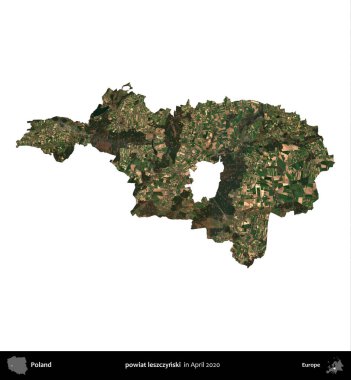 powiat leszczynski. Polonya idari bölgesi, Nisan 2020 'de çekilen Kopernik Nöbetçi karolarından oluşan bir uydu görüntüsü üzerinde beyaza izole edildi.