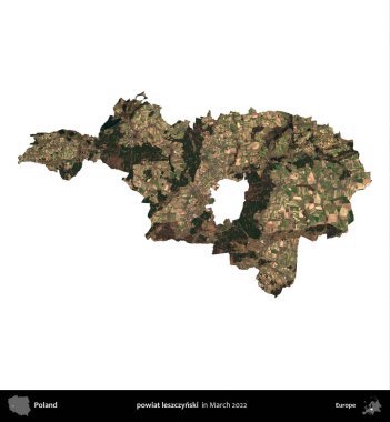 powiat leszczynski. Polonya idari bölgesi, Mart 2022 'de çekilen Kopernik Nöbetçi karolarından oluşan bir uydu görüntüsü üzerinde beyaza izole edildi.