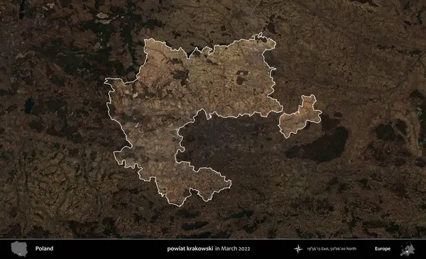 powiat krakowski. Polonya 'nın idari alanı, Mart 2022' de çekilen Kopernik Nöbetçi karolarından oluşan koyu renkli bir uydu görüntüsü üzerine vurgulandı ve özetlendi.
