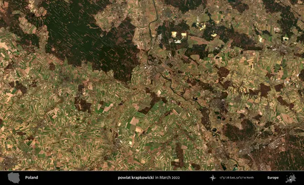 powiat krapkowicki. Copernicus Sentinel 'in Mart 2022' de çekilmiş uydu görüntüsü üzerine Polonya 'nın idari bölgesi.