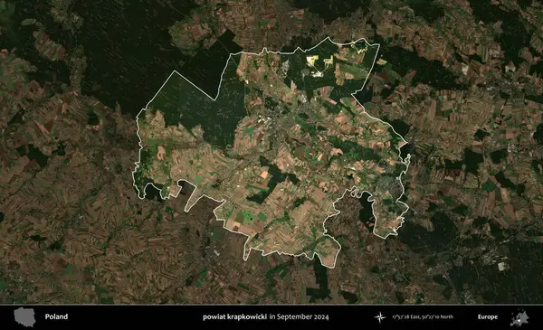 powiat krapkowicki. Polonya 'nın idari alanı, Eylül 2024' te çekilen Kopernik Nöbetçi karolarından oluşan koyu renkli bir uydu görüntüsü üzerine vurgulandı ve özetlendi