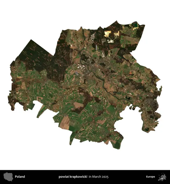 powiat krapkowicki. Polonya idari bölgesi, Mart 2025 'te çekilen Kopernik Nöbetçi karolarından oluşan bir uydu görüntüsü üzerinde beyaza izole edildi.